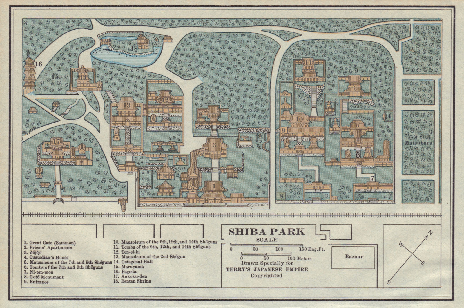 Shiba Park, Tokyo, Japan antique tourist map 1930 old plan chart