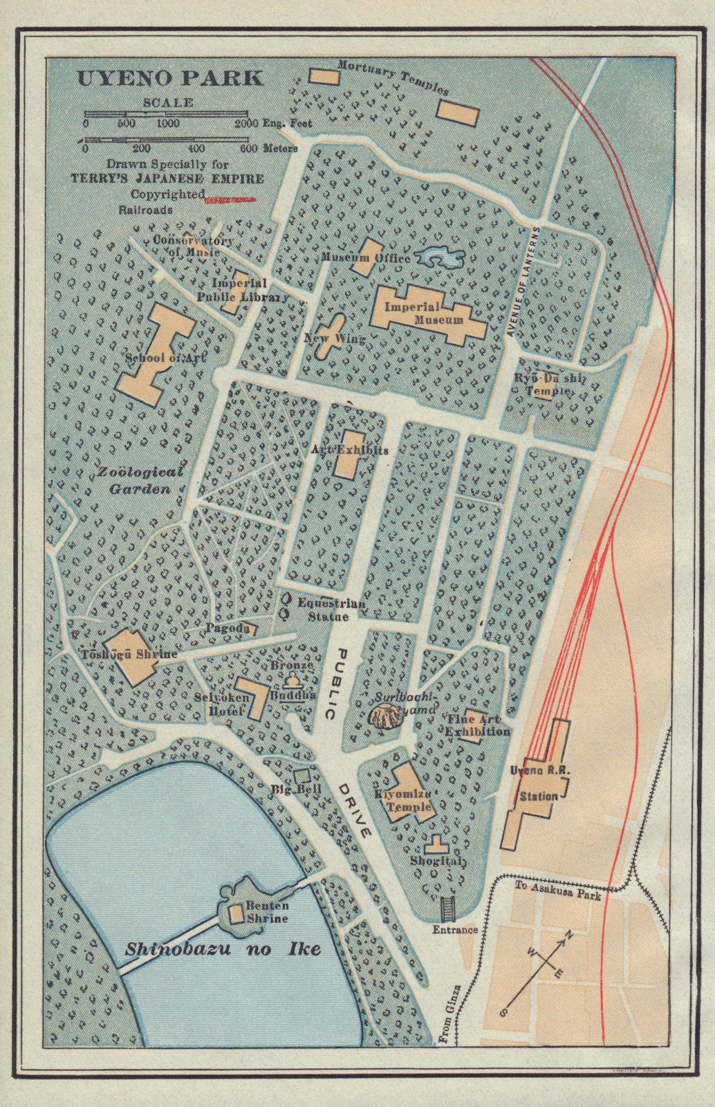 Uyeno Park, Tokyo, Japan antique tourist map 1930 old plan chart