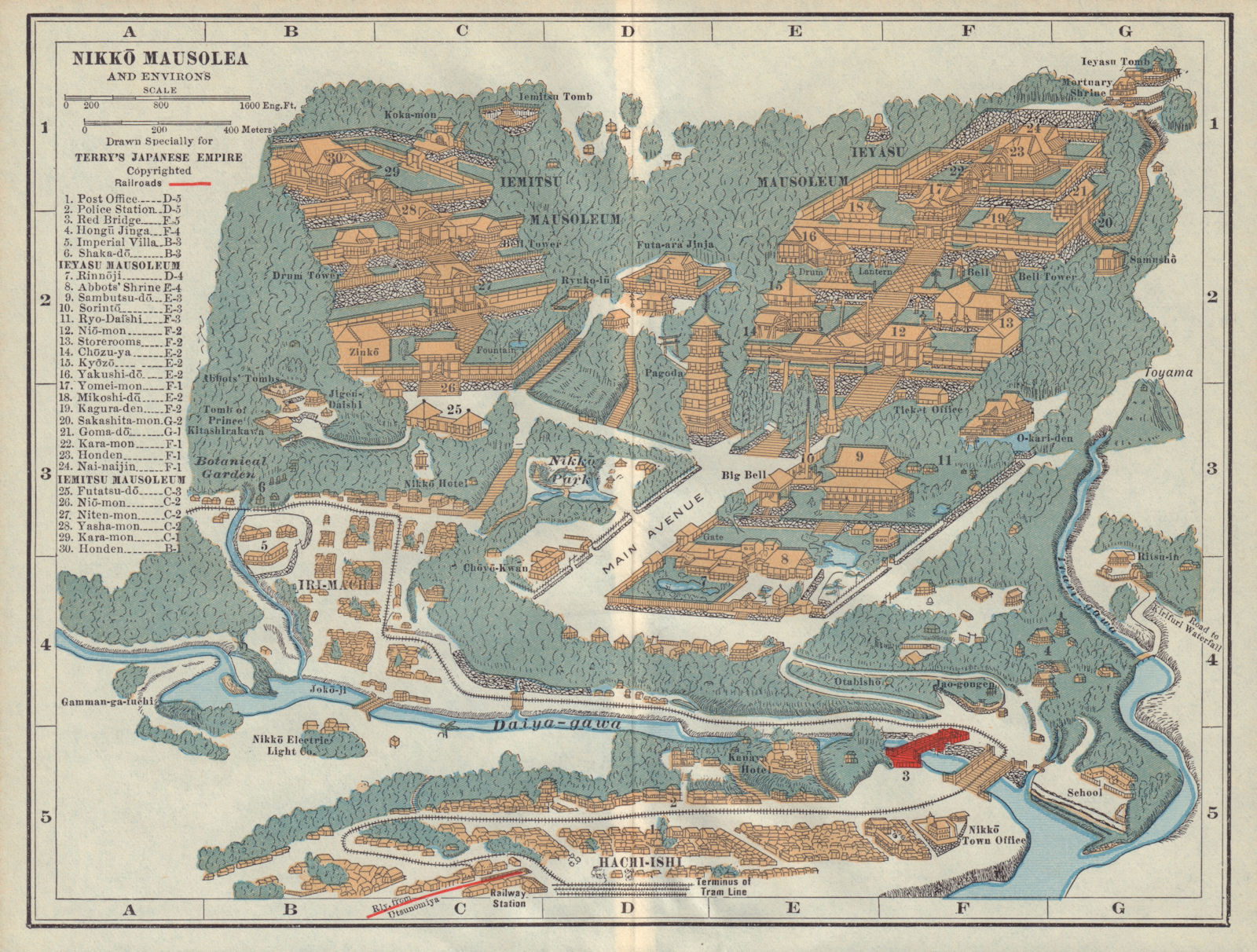 Nikko Mausolea and environs. Japan antique tourist map 1930 old