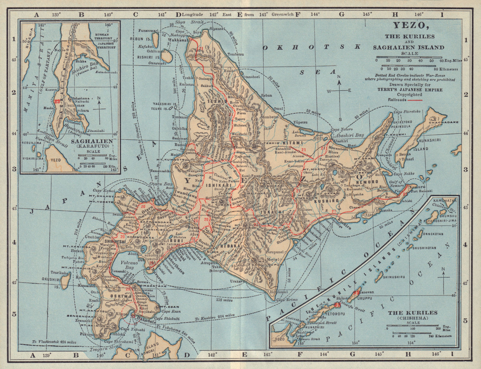 Yezo, the Kuriles and Saghalien Island. Japan antique tourist map 1930 old