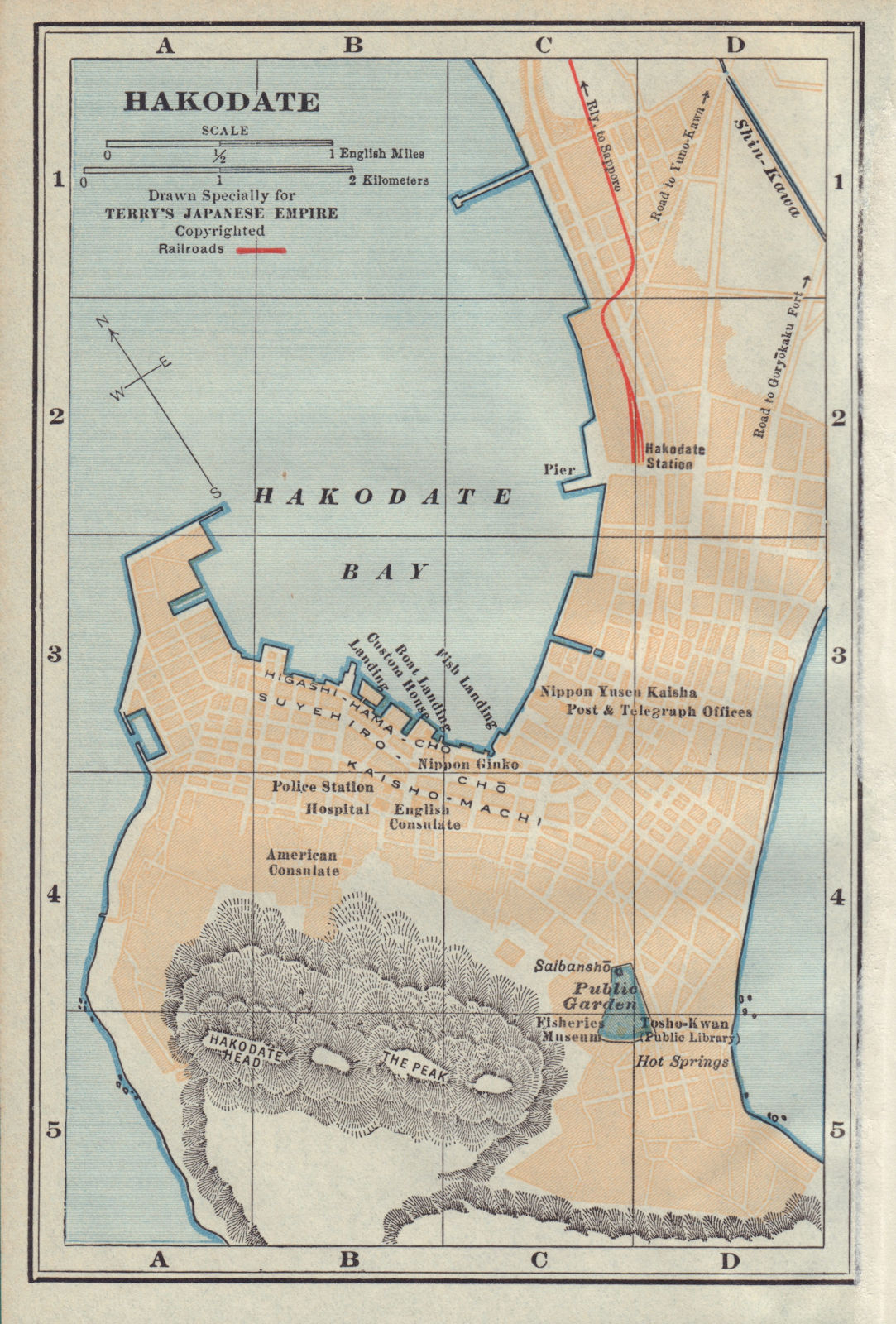 Hakodate town/city plan. Hokkaido, Japan antique tourist map 1930 old