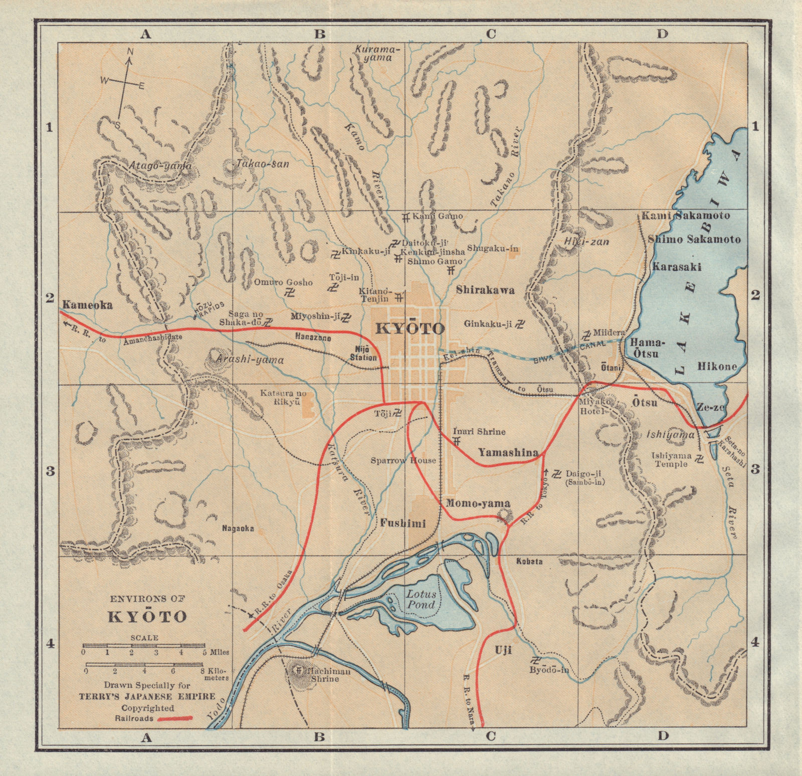 Environs of Kyoto town/city plan. Japan antique tourist map 1930 old