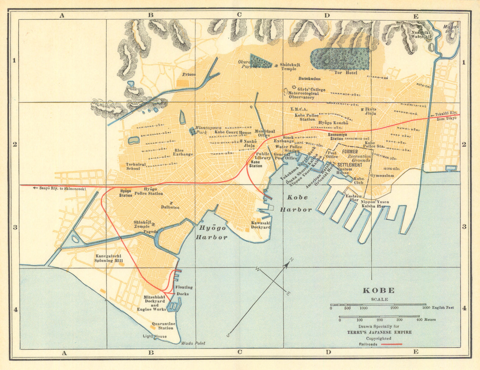 Kobe town/city plan. Japan antique tourist map 1930 old chart