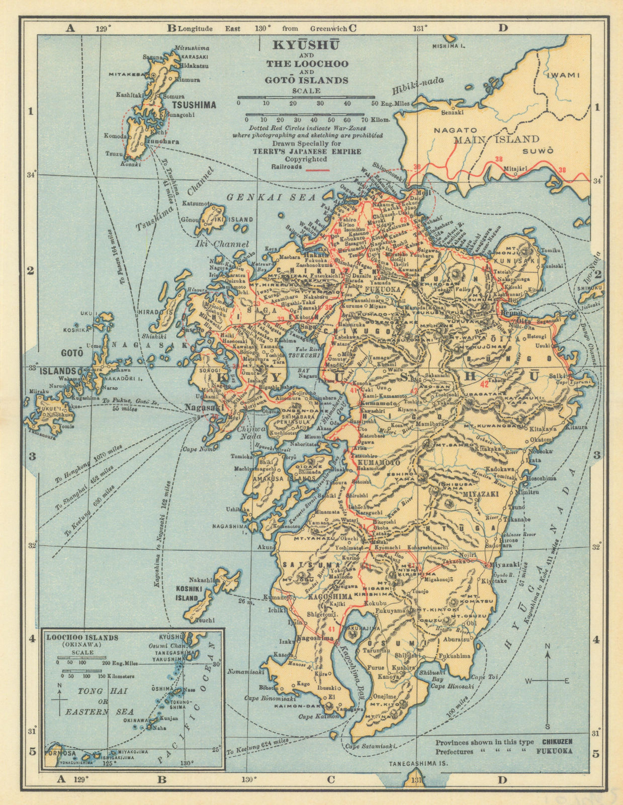 Associate Product Kyushu, and The Loochoo and Goto Islands. Japan antique tourist map 1930