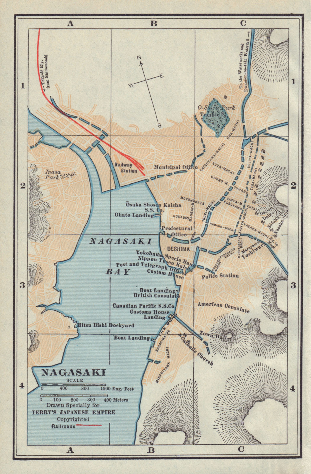 Nagasaki town/city plan. Japan antique tourist map 1930 old chart