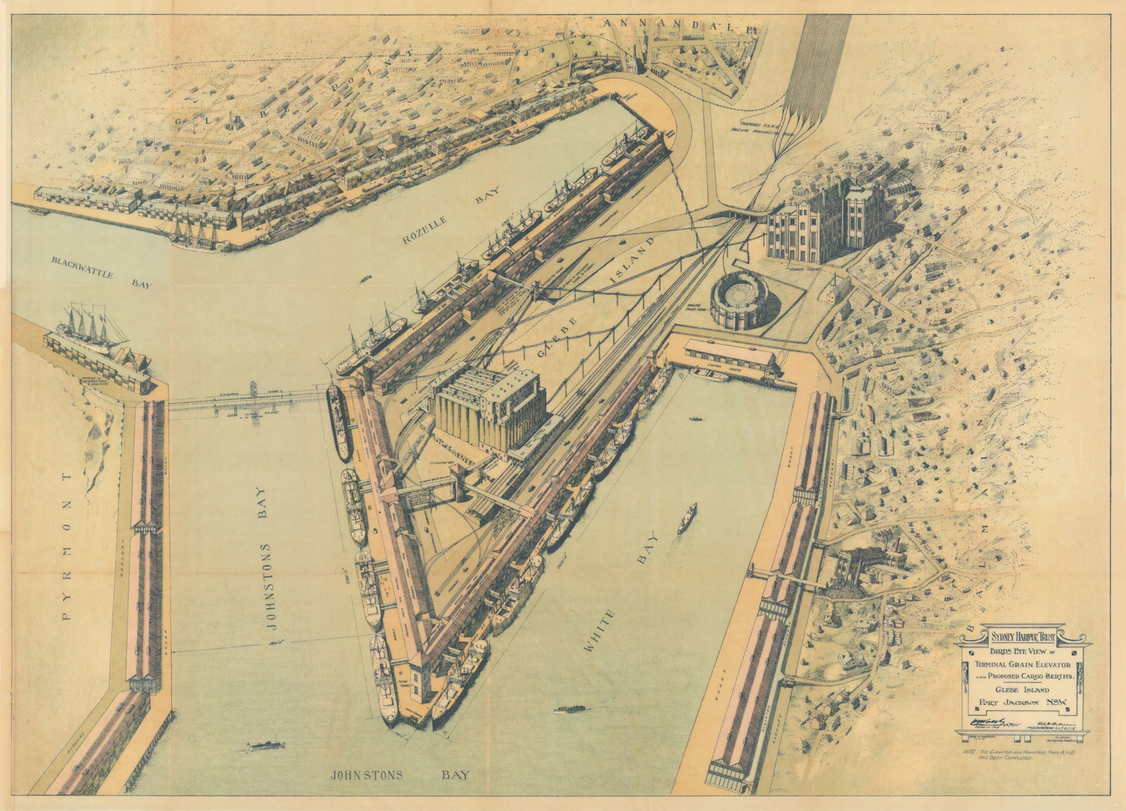 Bird's Eye View Glebe Island Port Jackson Balmain Sydney Harbour 1915 (1924) map