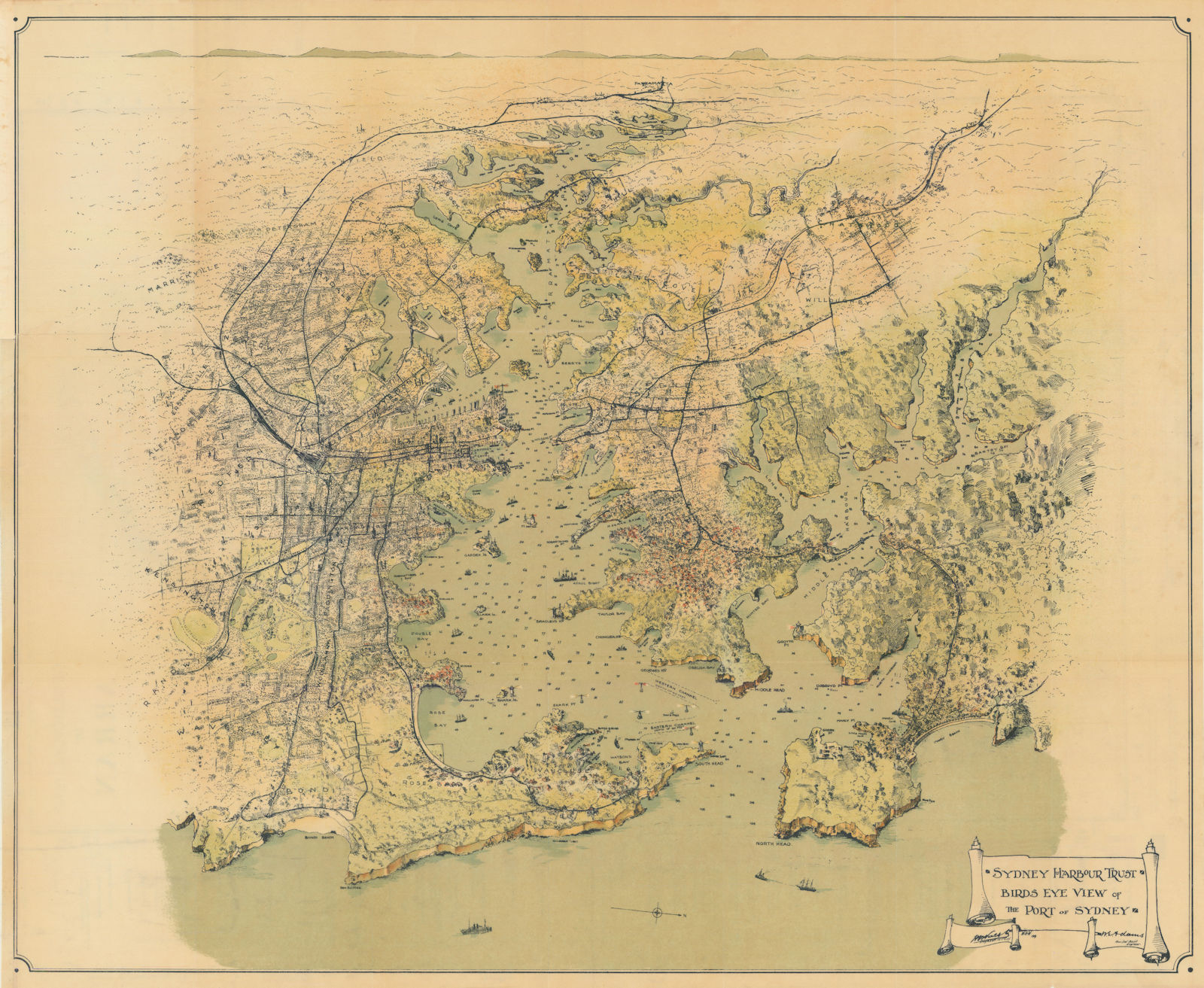 Bird's Eye View of the Port of Sydney. 77x63cm. Harbour Trust 1919 (1924) map