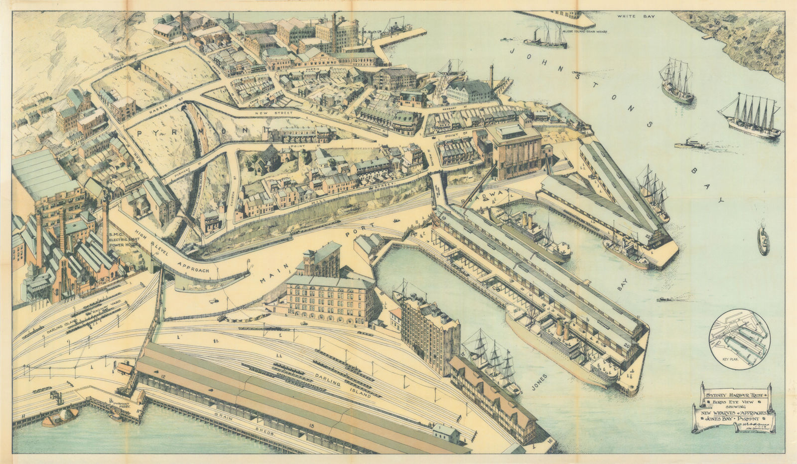 Bird's Eye View Jones Bay Pyrmont Darling Harbour Sydney Harbour 1919 (1924) map