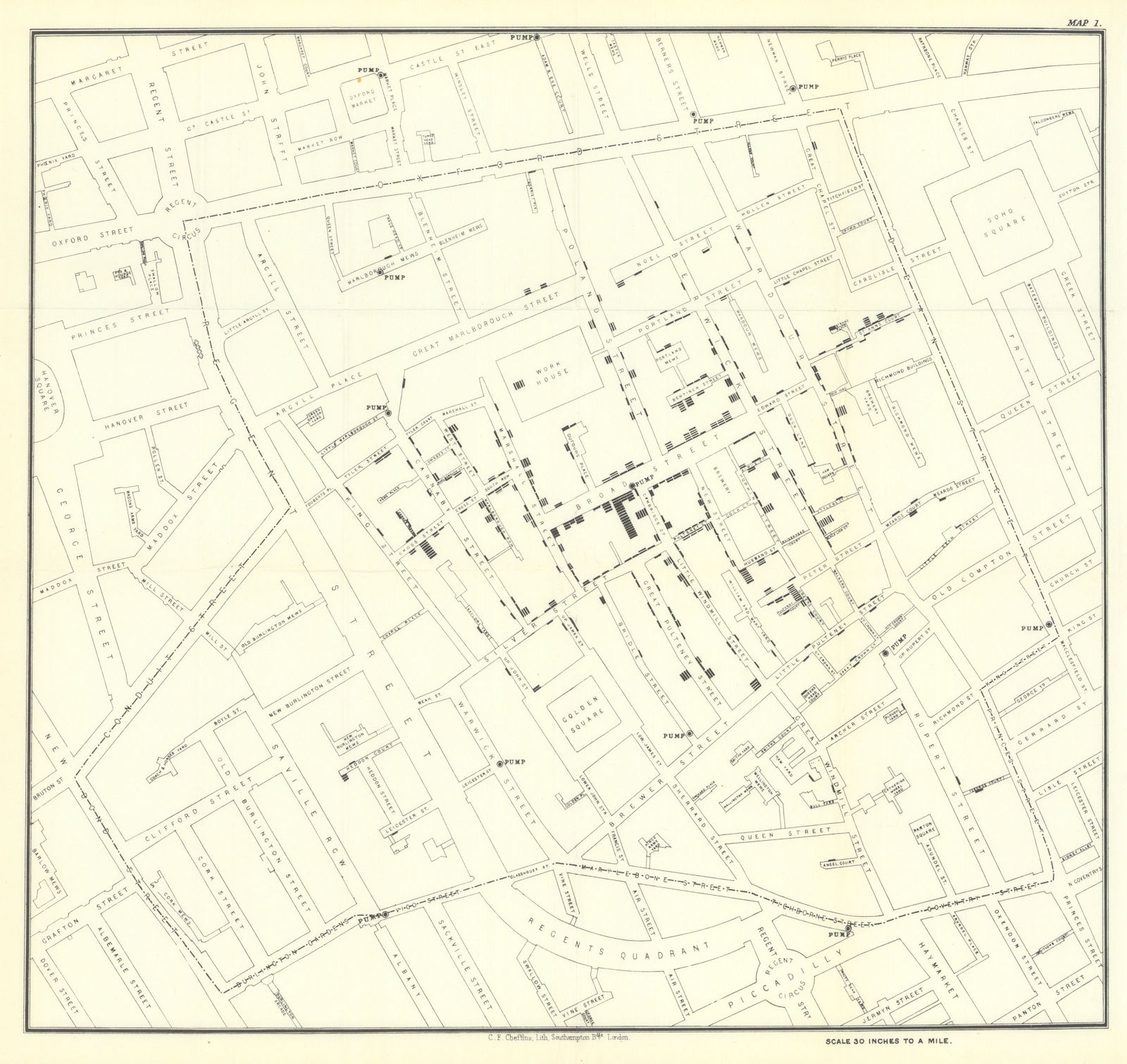 Associate Product Broad Street Cholera Outbreak, Soho, London by Dr John Snow 1855 (1936) map