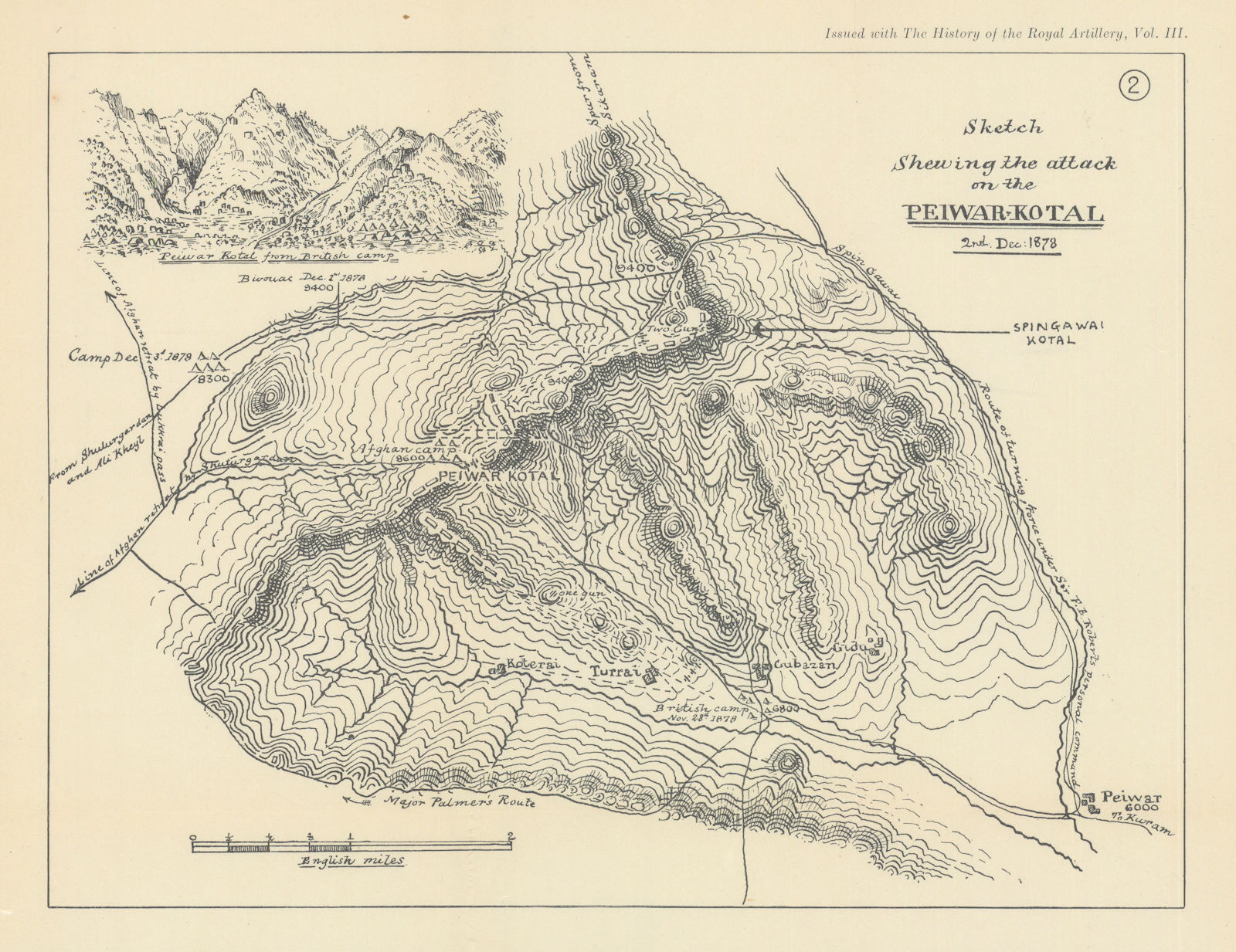 Battle of Peiwar-Kotal 1878. 2nd Anglo-Afghan War. Afghanistan 1937 old map