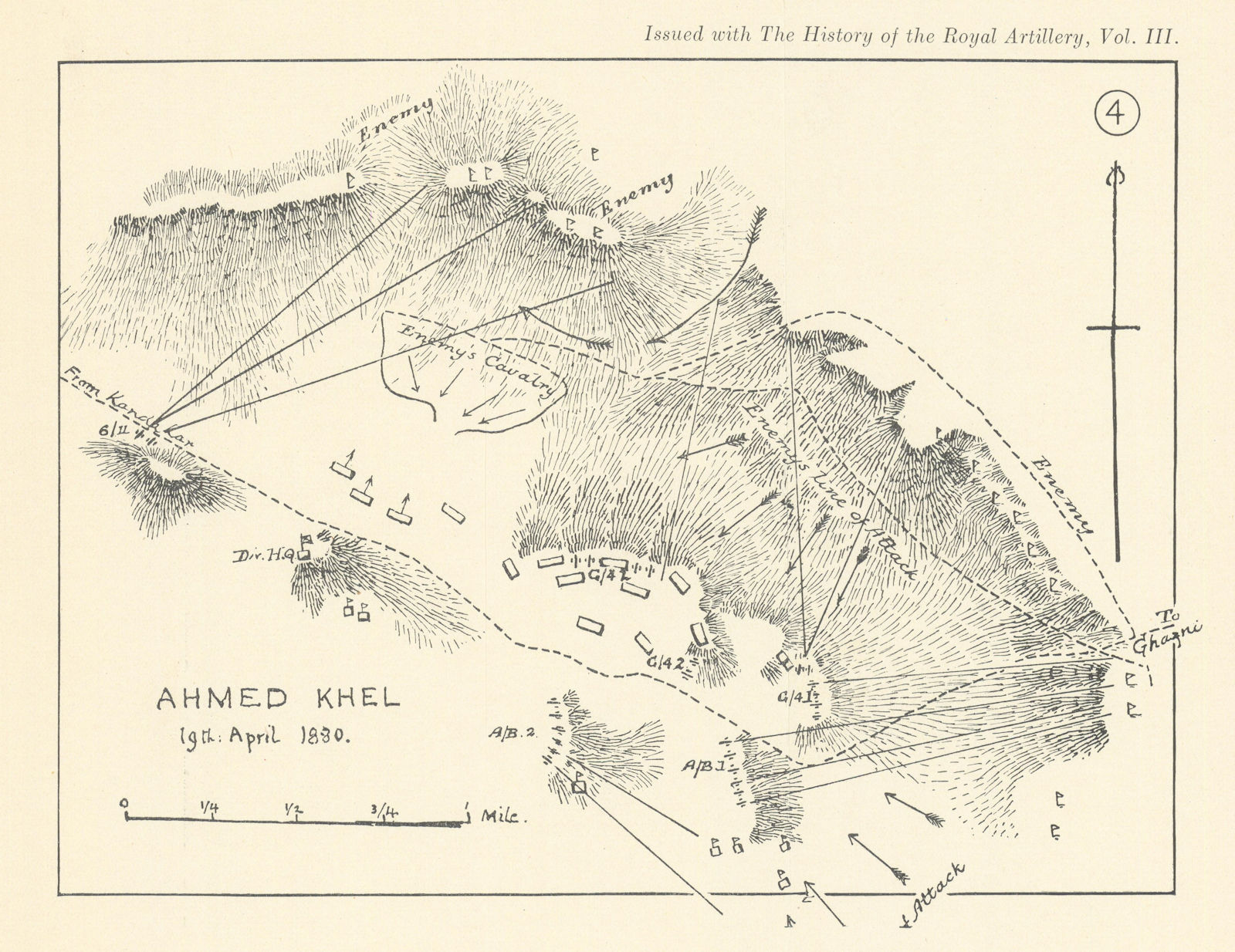 Battle of Ahmed Khel 1880. 2nd Anglo-Afghan War. Royal Artillery 1937 old map