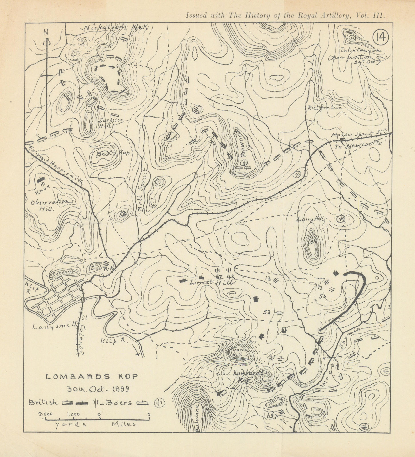 Battle of Lombard's Kop 1899 2nd Boer War South Africa. Royal Artillery 1937 map