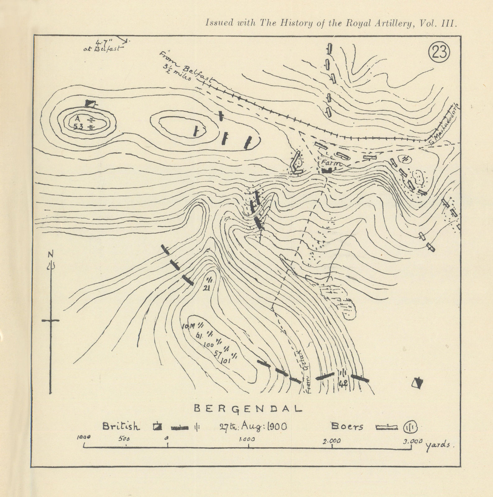 Battle of Bergendal 1900. 2nd Boer War. South Africa. Royal Artillery 1937 map