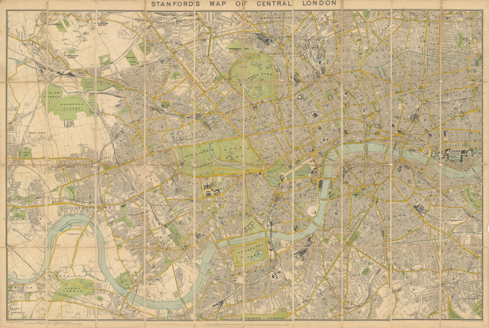 Associate Product Stanford's Map of Central London. Folding, linen-backed antique city plan 1896