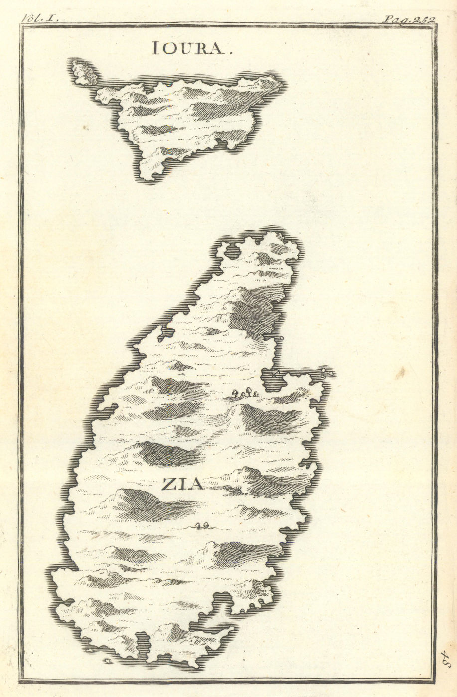 Antique map of Ioura & Zia (Kea & Gyaros), Aegean, Greece. TOURNEFORT 1718