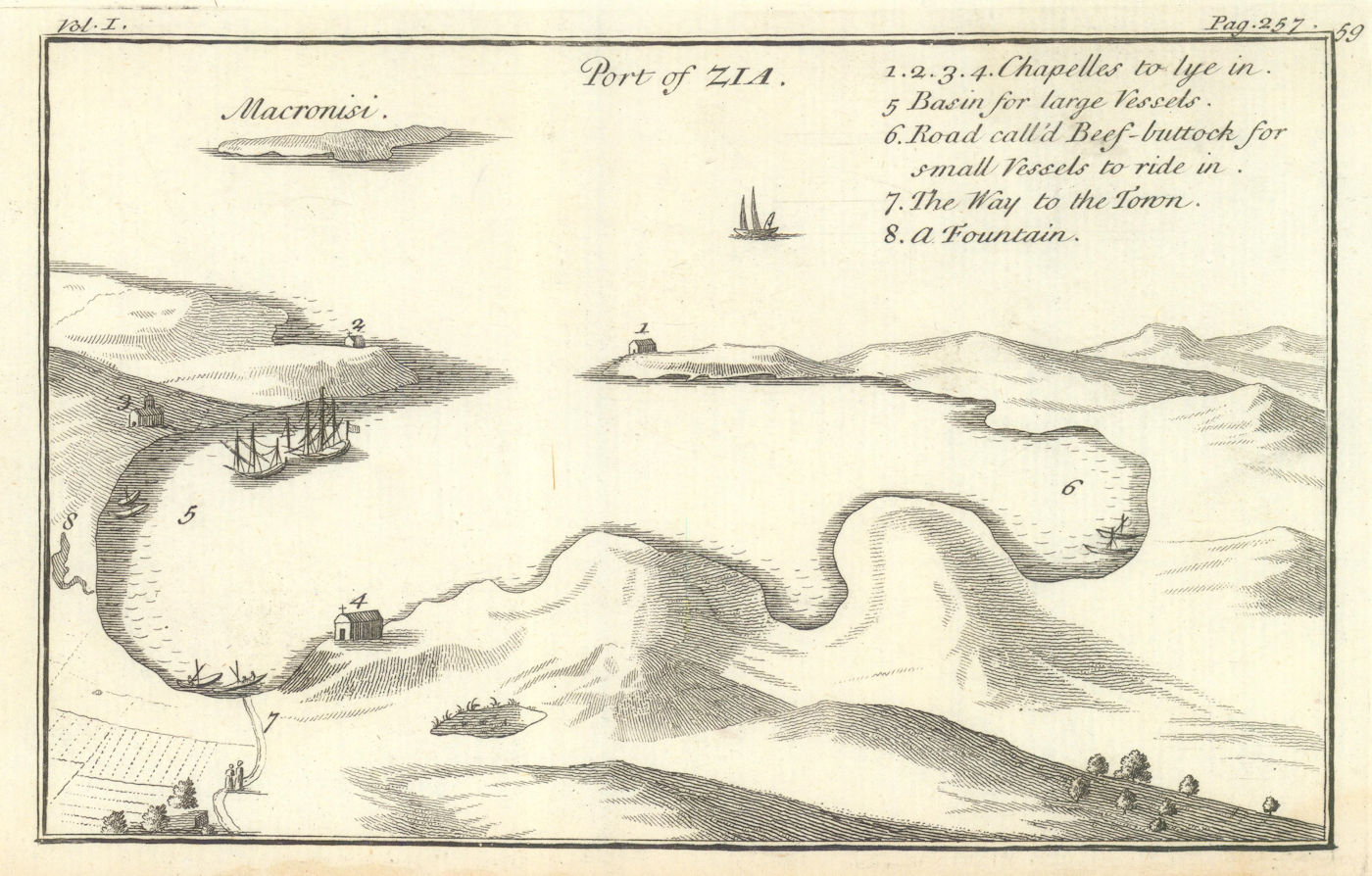 The Port of Zia & Macronisi (Kea & Makronisos), Aegean, Greece. TOURNEFORT 1718