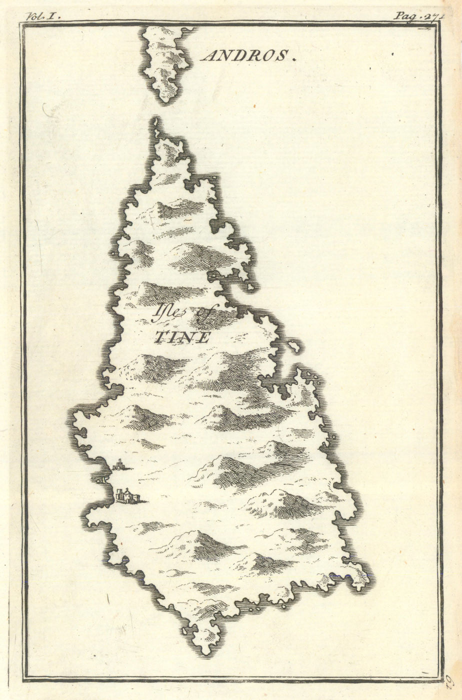 Antique map of the island of Tine (Tinos), Aegean, Greece. TOURNEFORT 1718