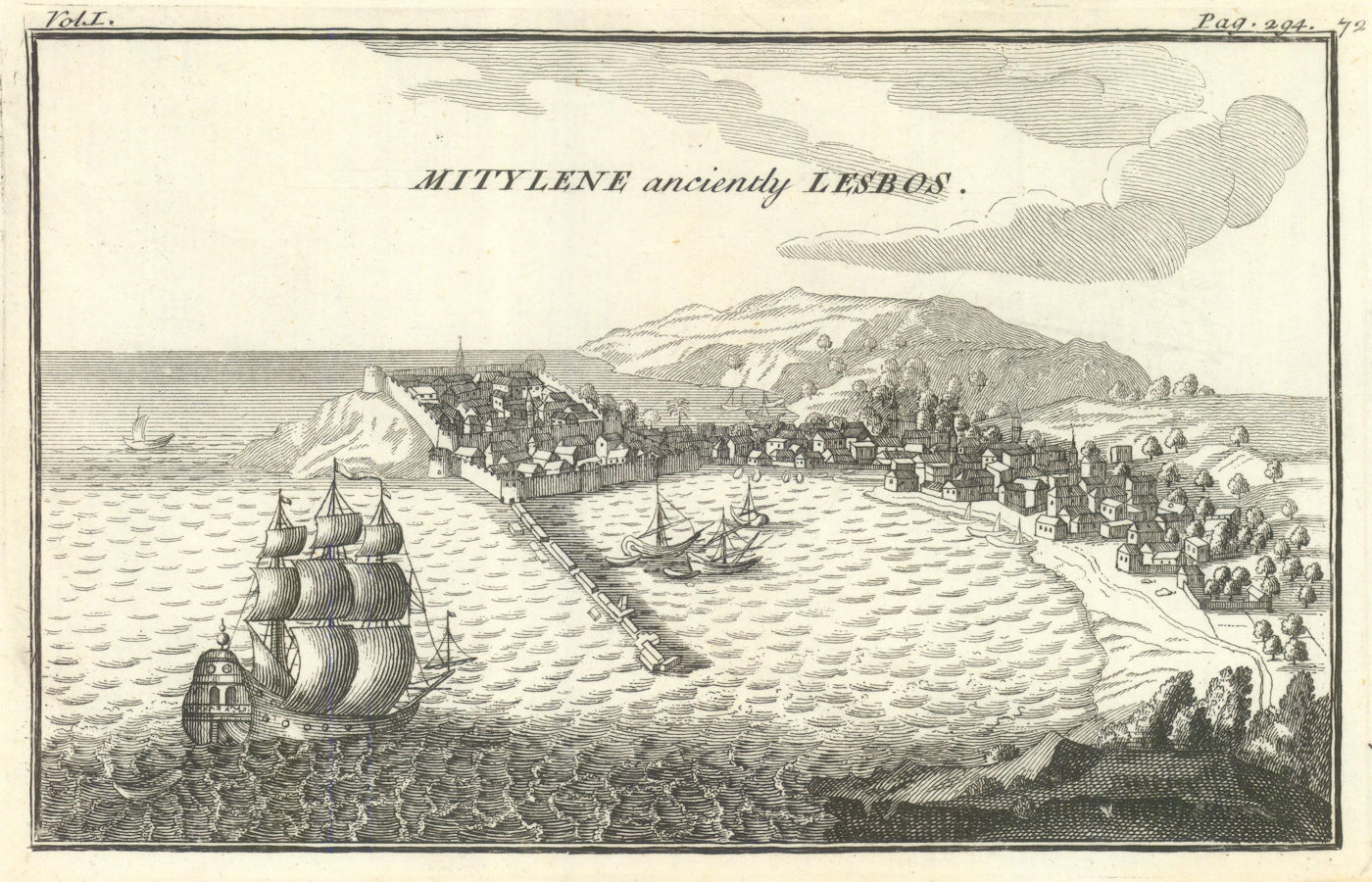 Antique view of Mitylene anciently Lesbos, Aegean, Greece. TOURNEFORT 1718