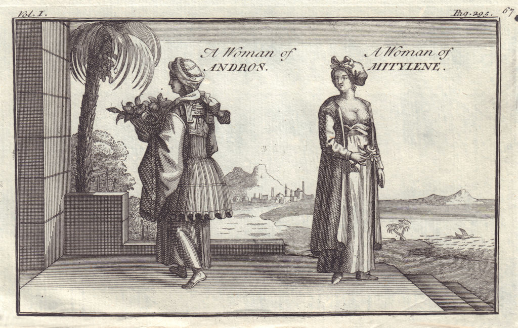 Women of Andros & Mitylene (Lesbos), Aegean, Greece. TOURNEFORT 1718 old print