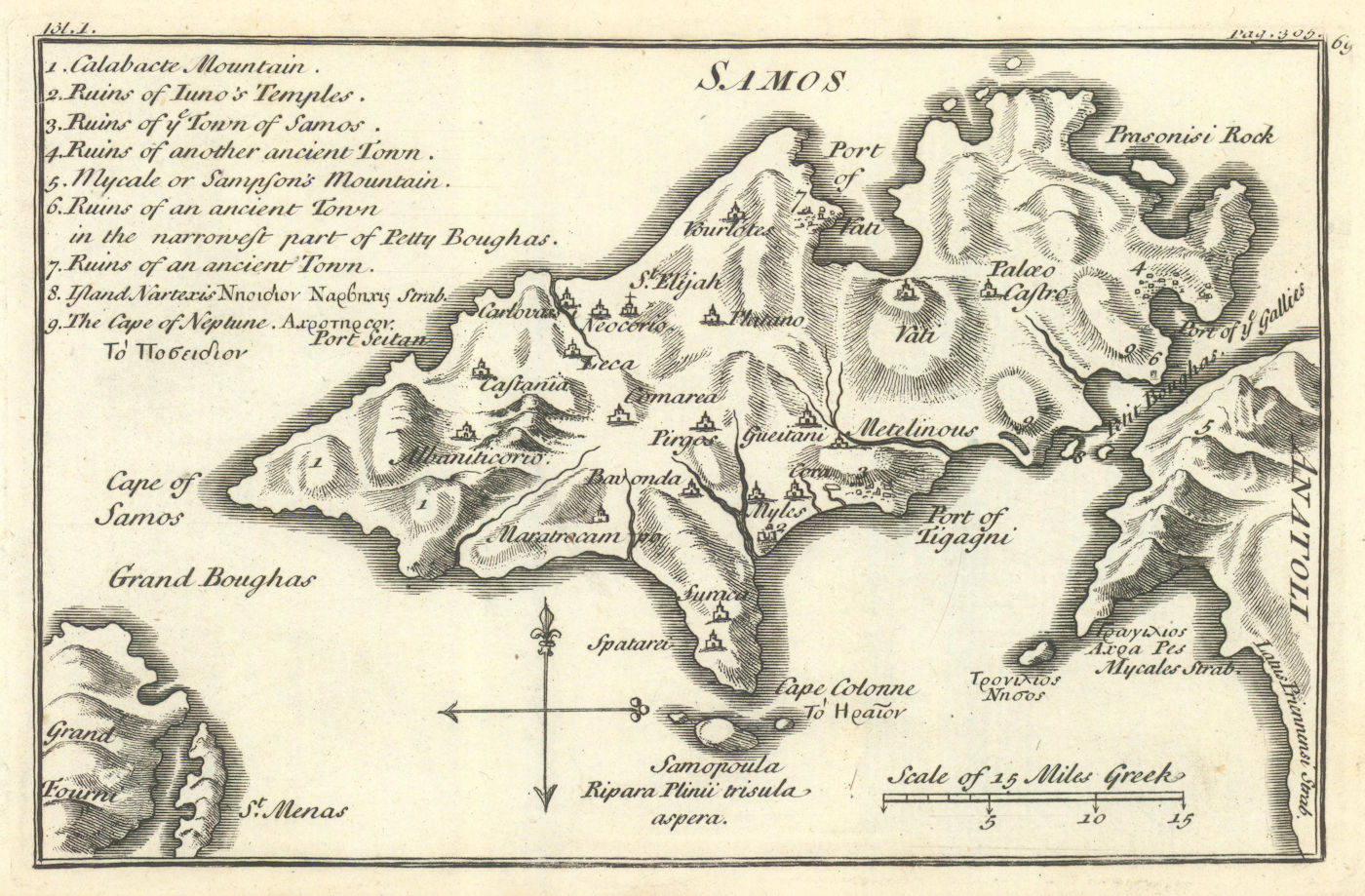 Antique map of the island of Samos, Aegean, Greece. TOURNEFORT 1718 old