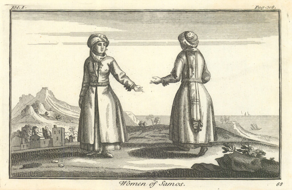 Antique print of Women of Samos, Aegean, Greece. TOURNEFORT 1718 old