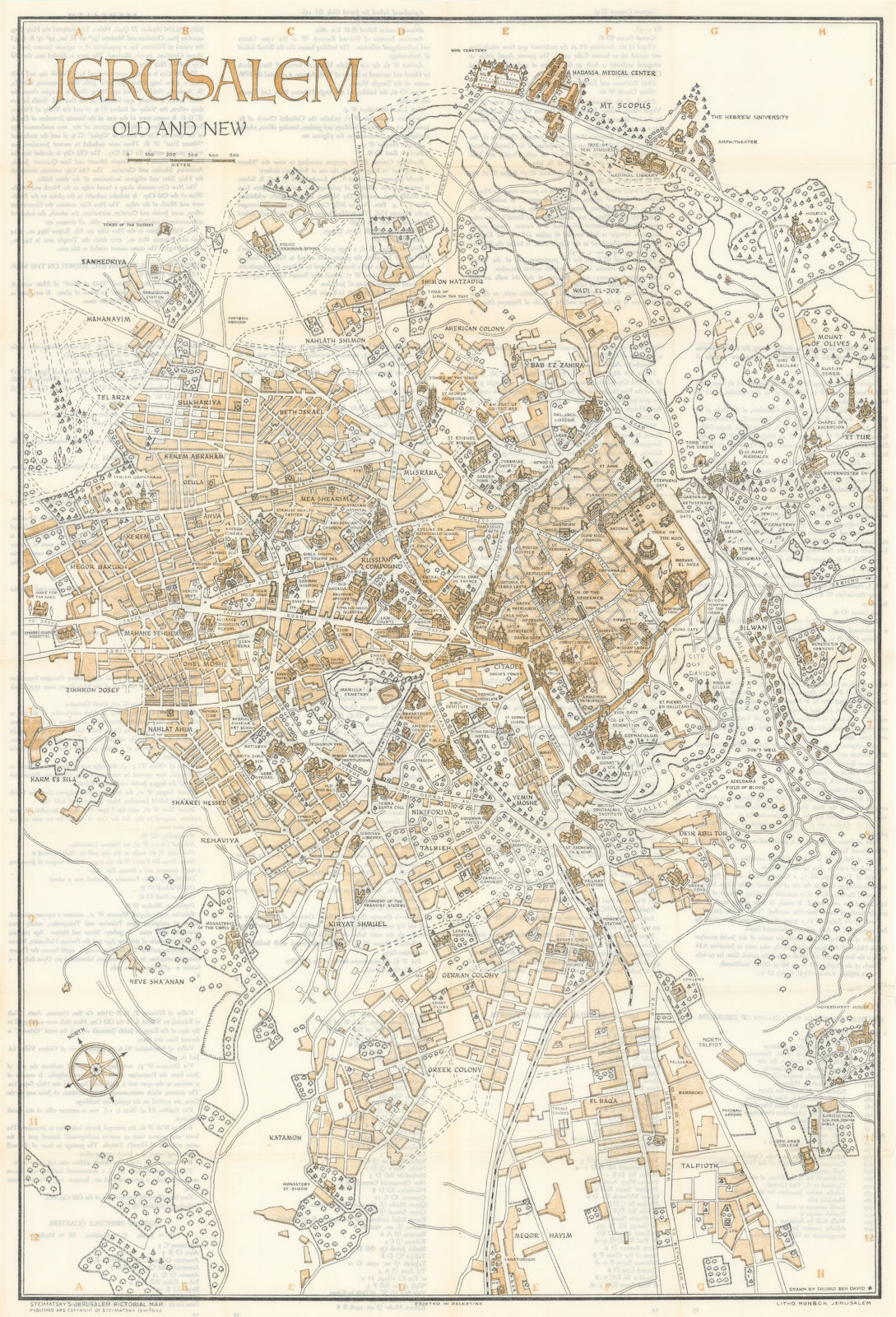 Associate Product Steimatzky's Jerusalem Old & New Pictorial Map. SHLOMO BEN DAVID 1948