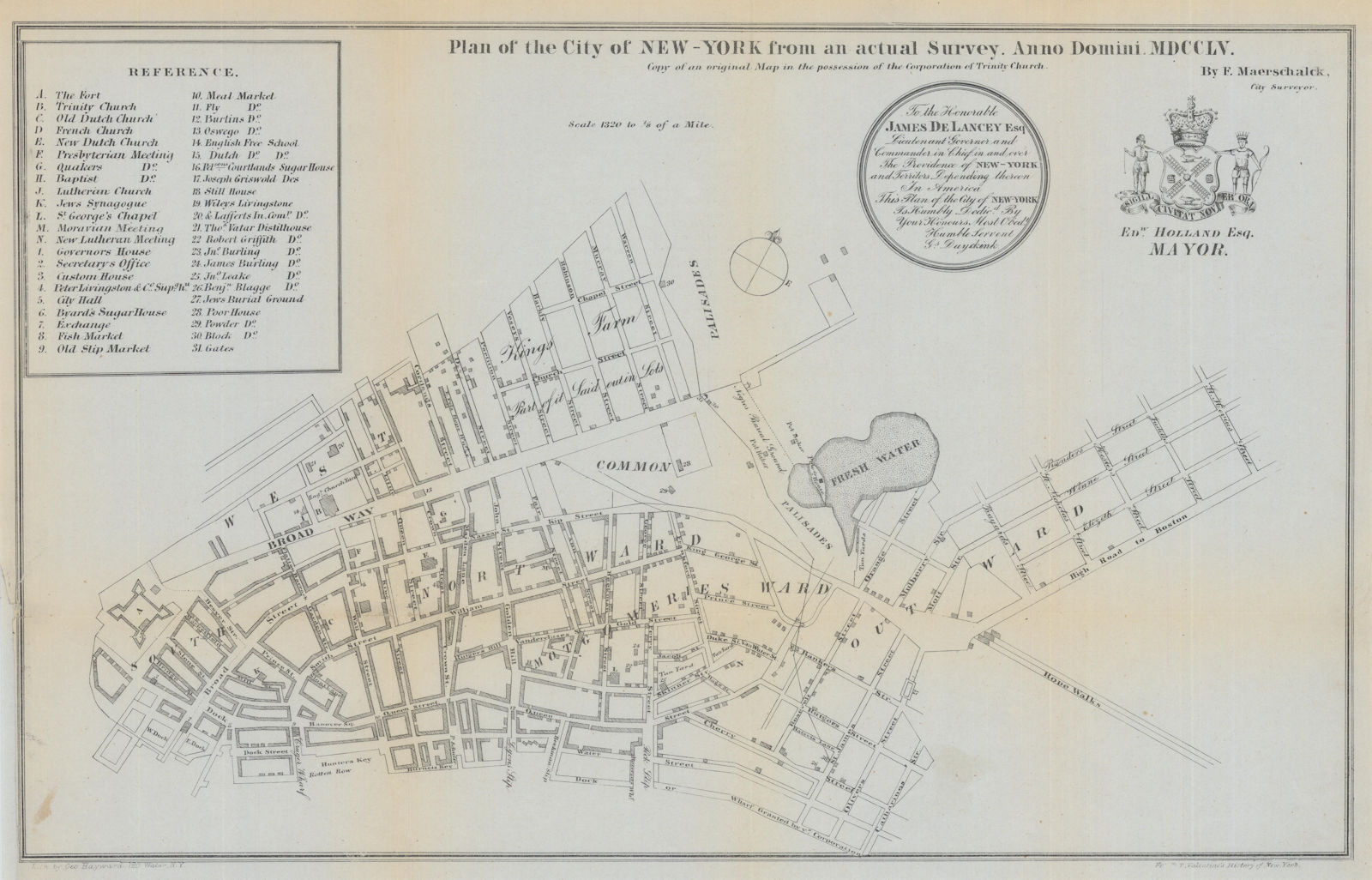 Plan of the City of New York by Francis Maerschalck 1755 (1853) old map