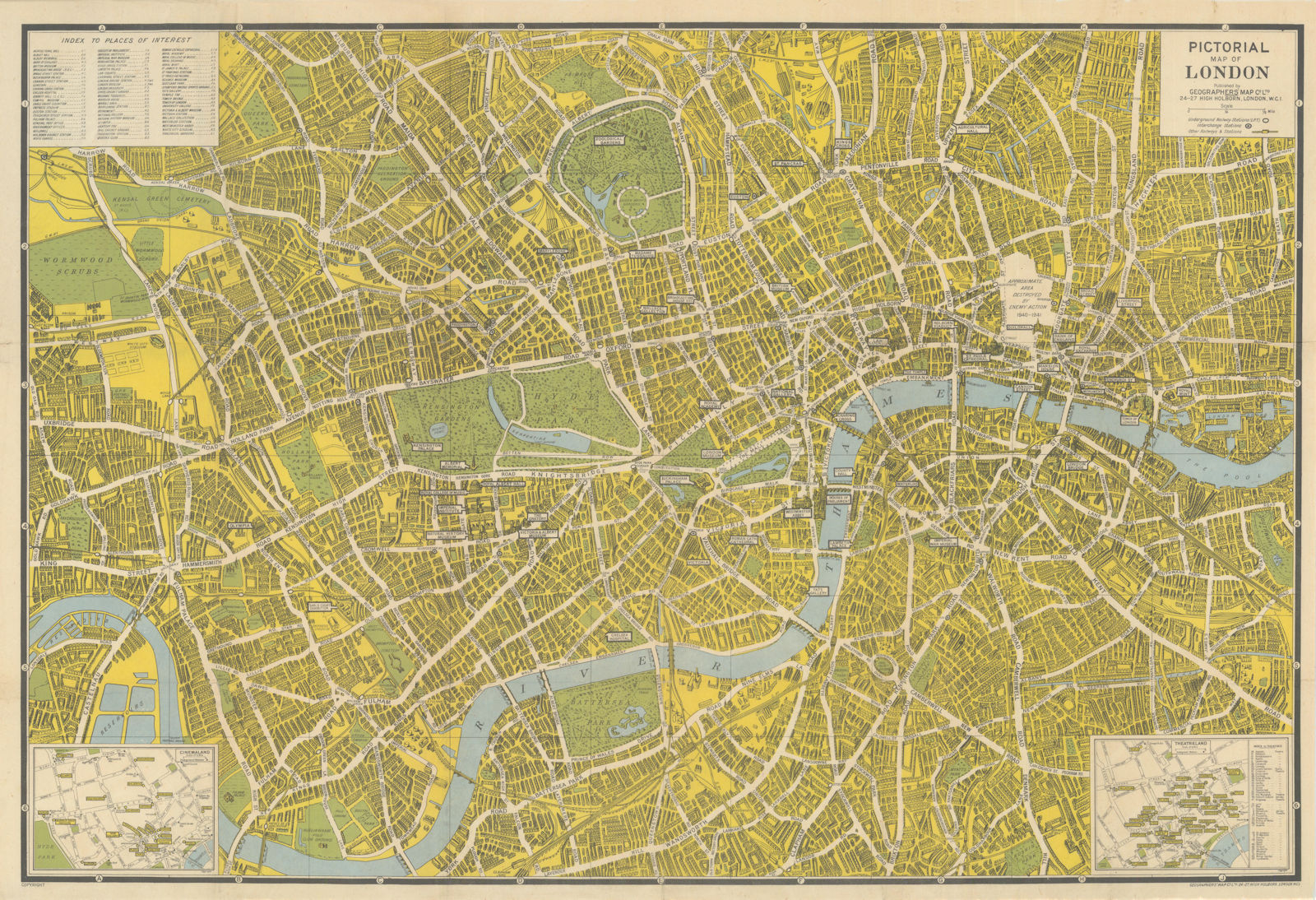 Pictorial Map of London showing area destroyed in 1940-41 by enemy action c1950