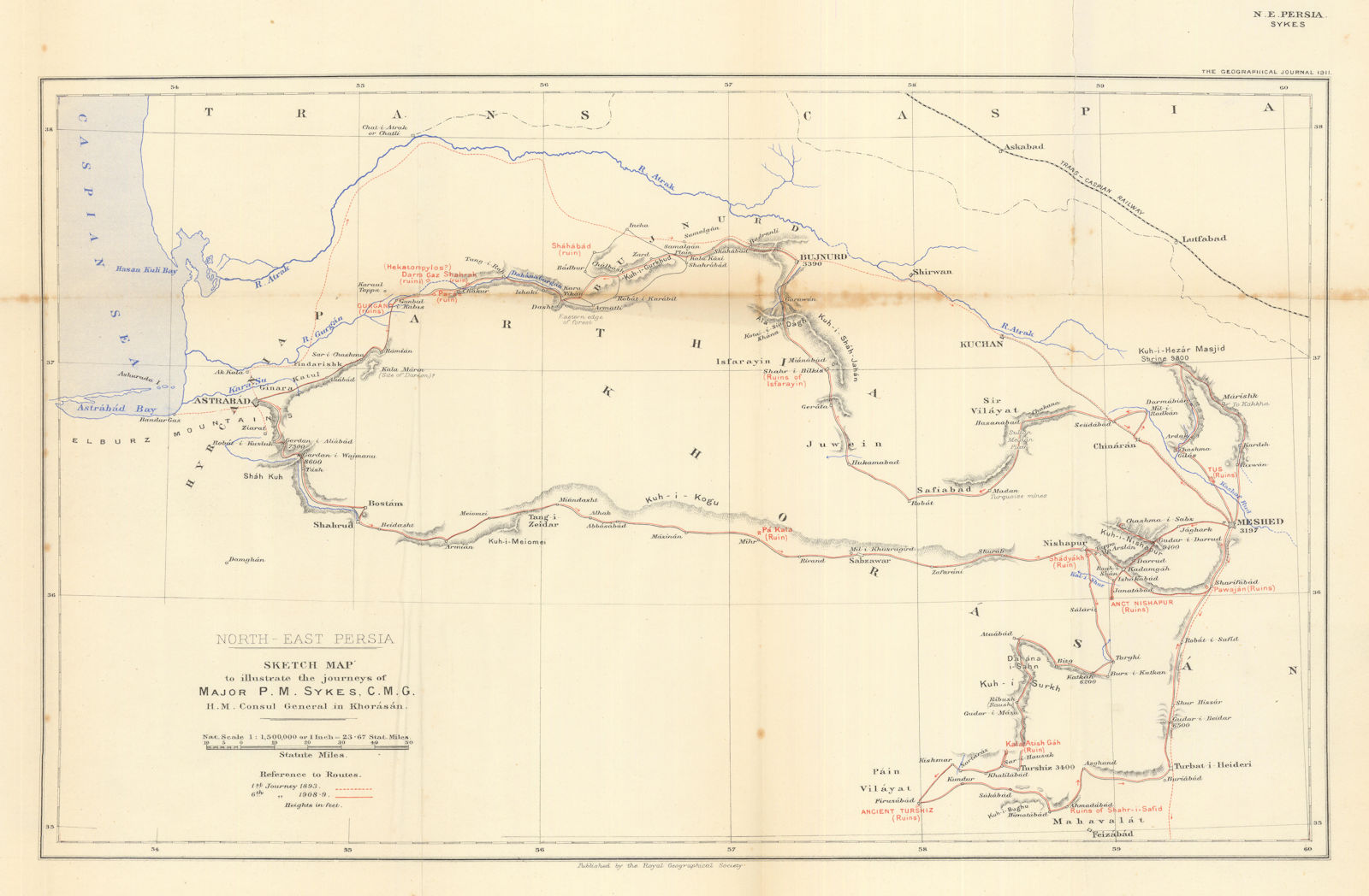 North-east Persia. Journeys of Percy Sykes 1893 & 1908/9. Iran. RGS 1911 map