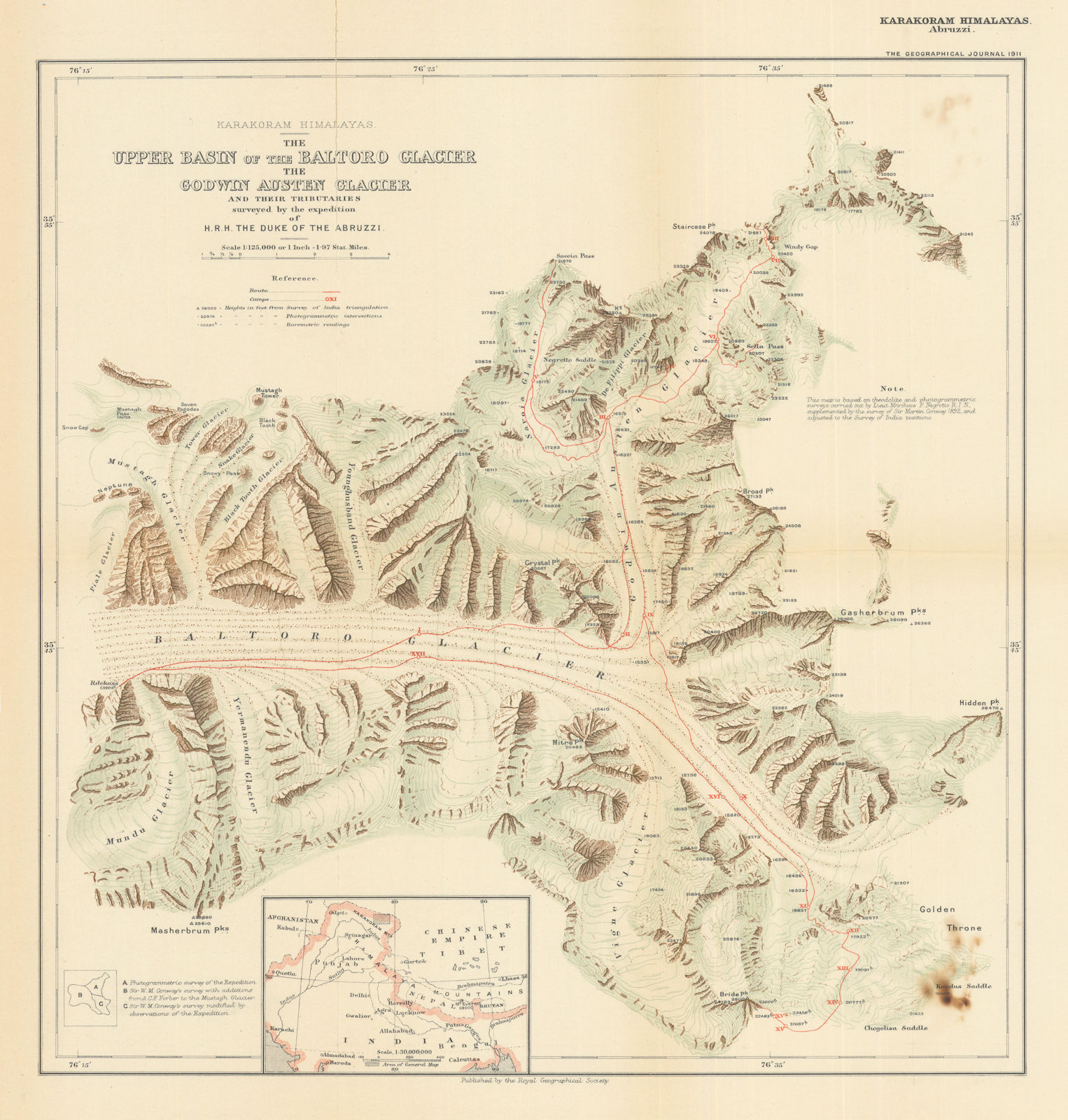 Associate Product Karakoram Himalayas. Baltoro Glacier & K2. Abruzzi 1909 expedition. RGS 1911 map