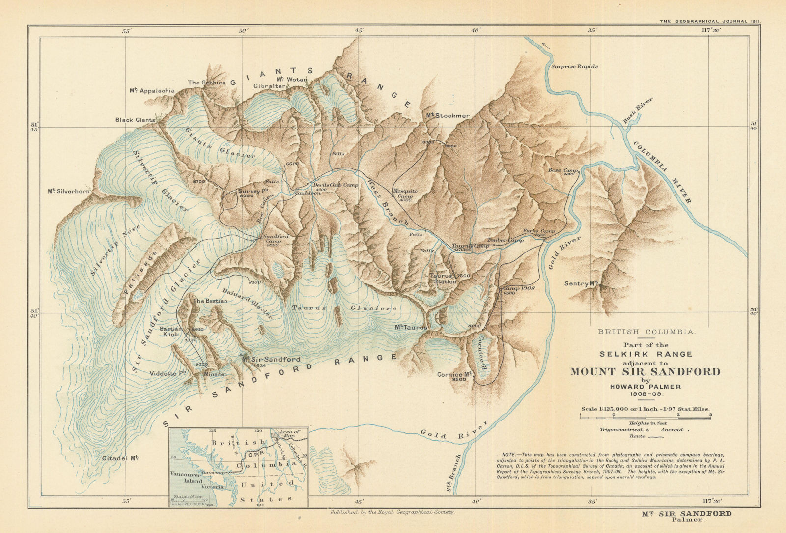 Associate Product British Columbia. Selkirk Range/Mt. Sir Sandford. H. Palmer 1908/9 RGS 1911 map