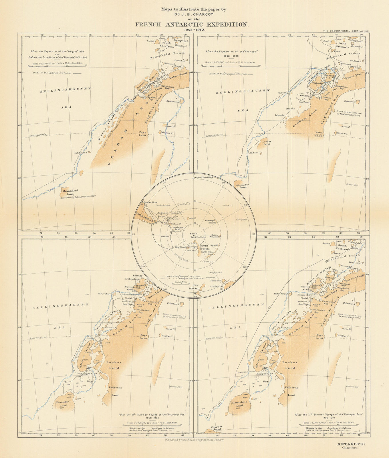 Associate Product French Antarctic Expedition, 1908-1910. Jean-Baptiste Charcot / RGS 1911 map