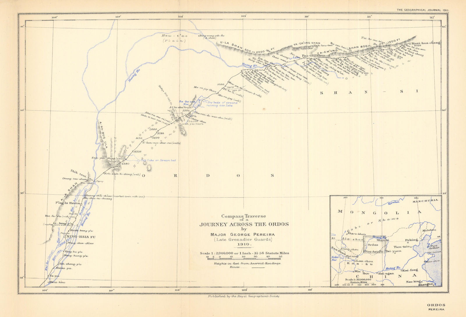 Associate Product A journey across the Ordos by Major George Pereira 1910. China. RGS 1911 map