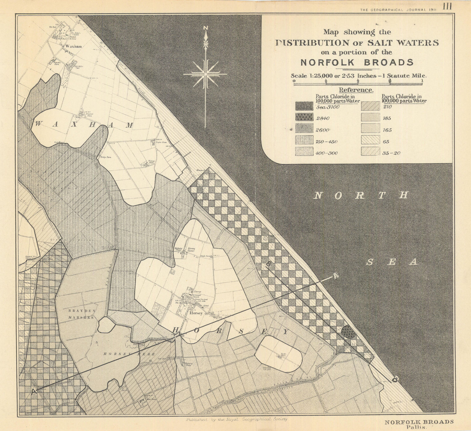 Associate Product Salt water distribution in the Norfolk Broads. RGS 1911 old antique map chart