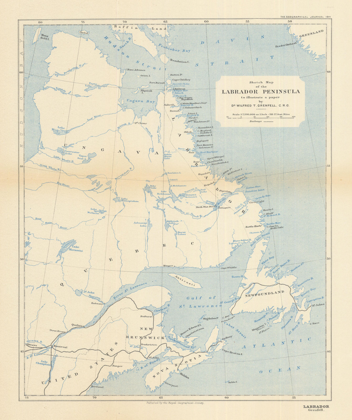 Sketch map of the Labrador Peninsula… by Wilfred Grenfell. Canada. RGS 1911