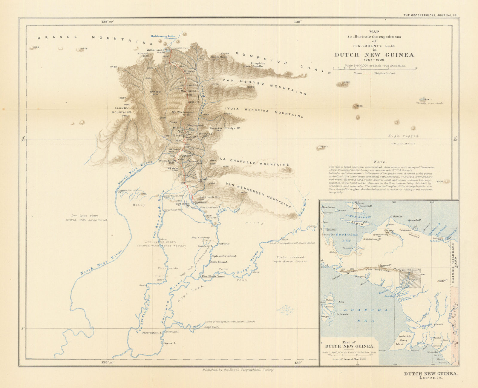 Associate Product The expeditions of H. A. Lorentz in Dutch New Guinea, 1907-1909. RGS 1911 map