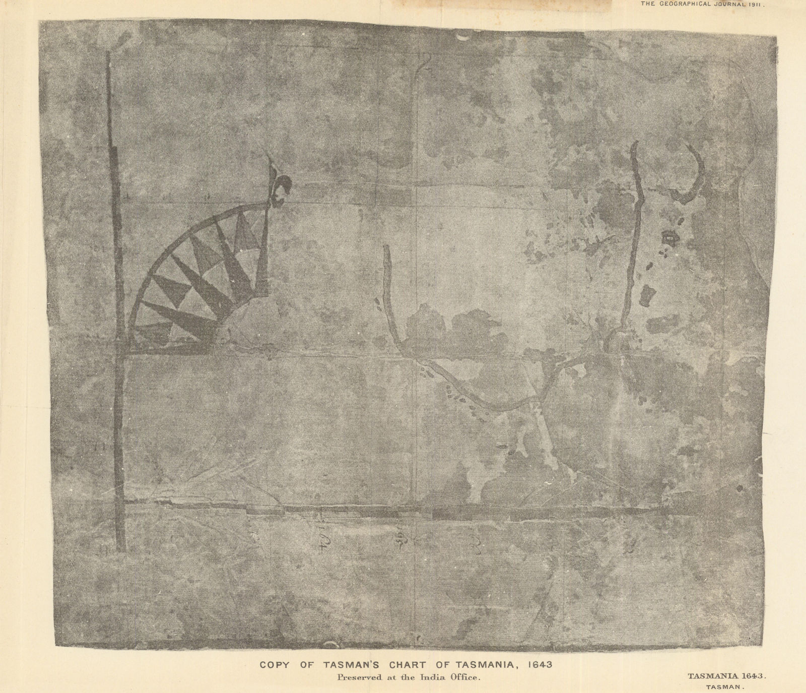 Associate Product Copy of Tasman's chart of Tasmania, 1643. Indistinct! RGS 1911 old antique map