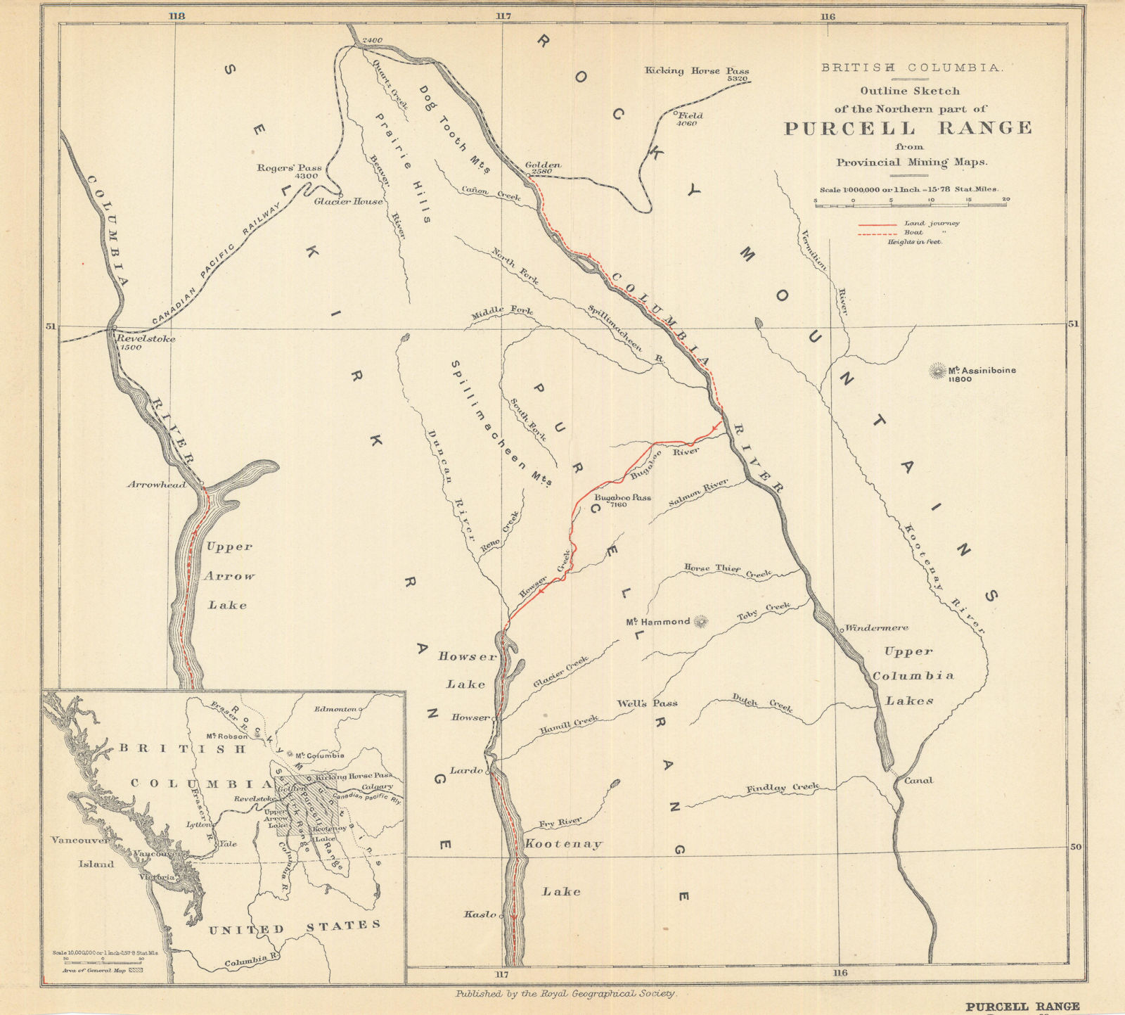 British Columbia. Northern Purcell Range from mining maps. Cain. RGS 1911