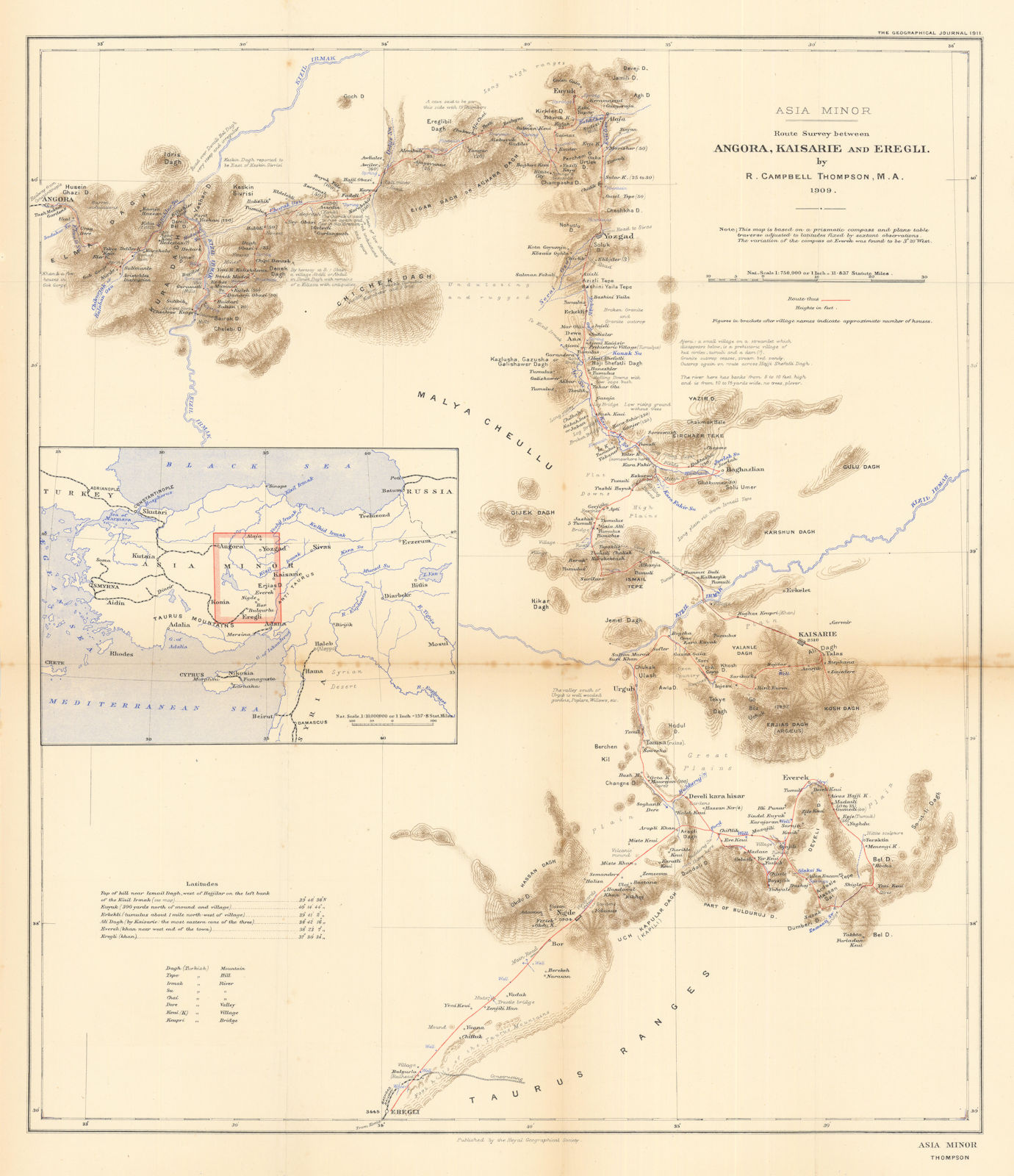 Associate Product Asia Minor. Central Turkey survey by RC Thompson 1909. Turkey. RGS 1911 map