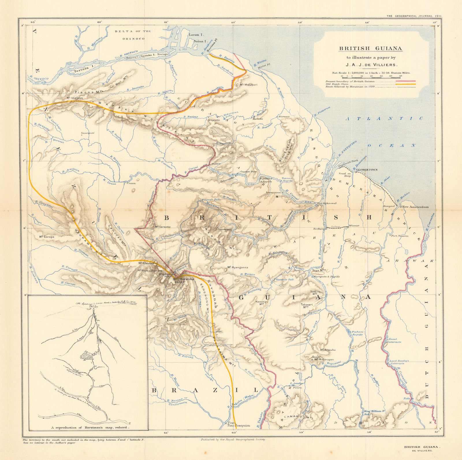 Associate Product British Guiana. Boundary. Old Dutch claim. Horstman route. Guyana. RGS 1911 map