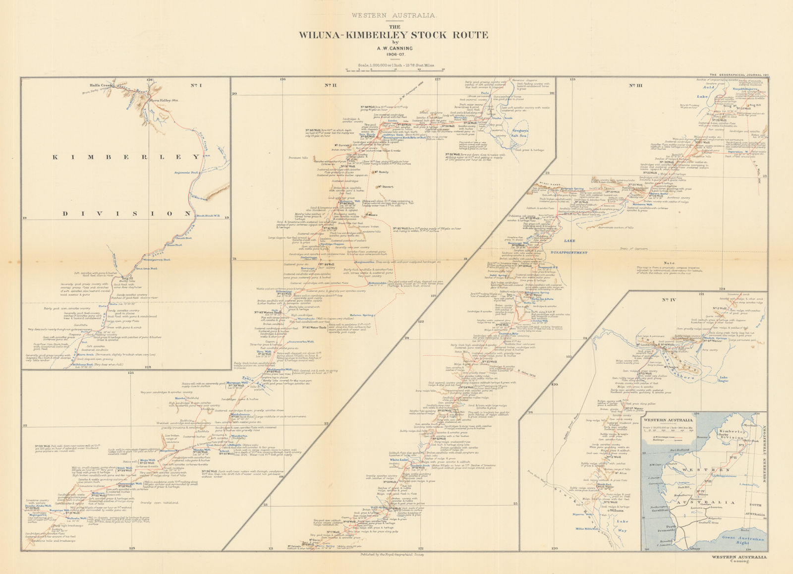 Associate Product Western Australia. The Wiluna-Kimberley Stock Route by AW Canning. RGS 1911 map