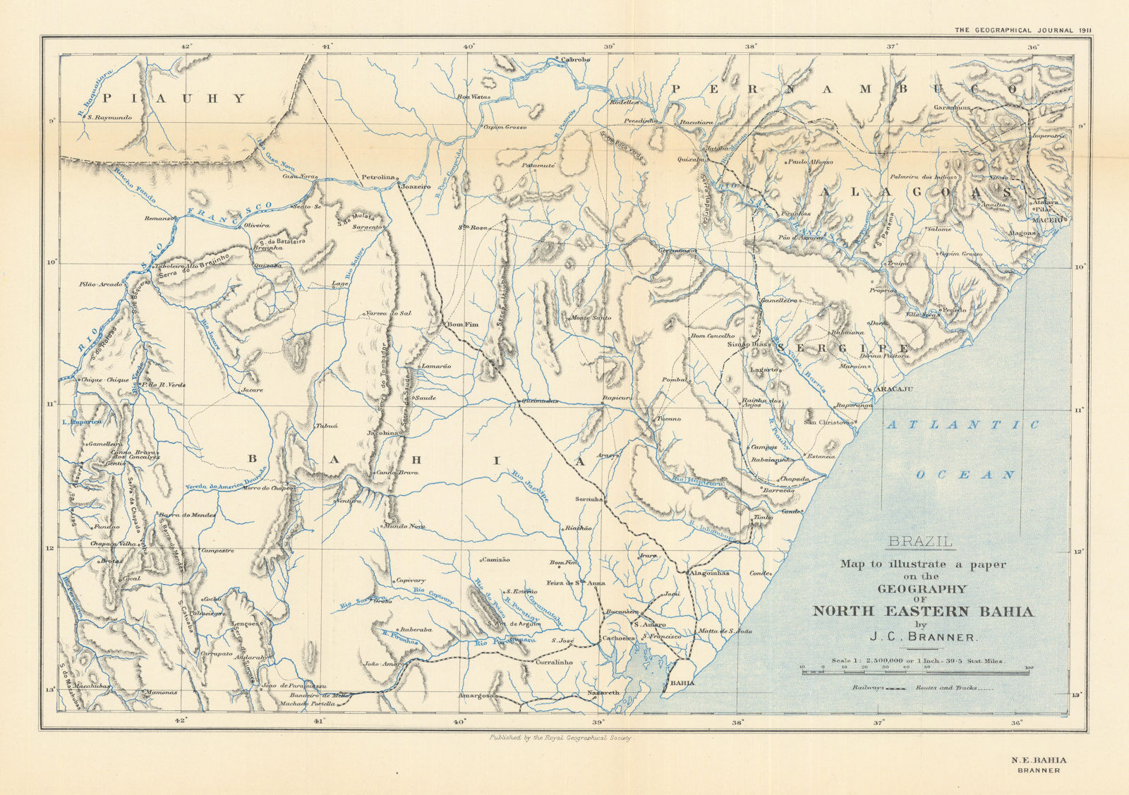 Associate Product Brazil. Map to illustrate… north east Bahia by John Casper Branner. RGS 1911