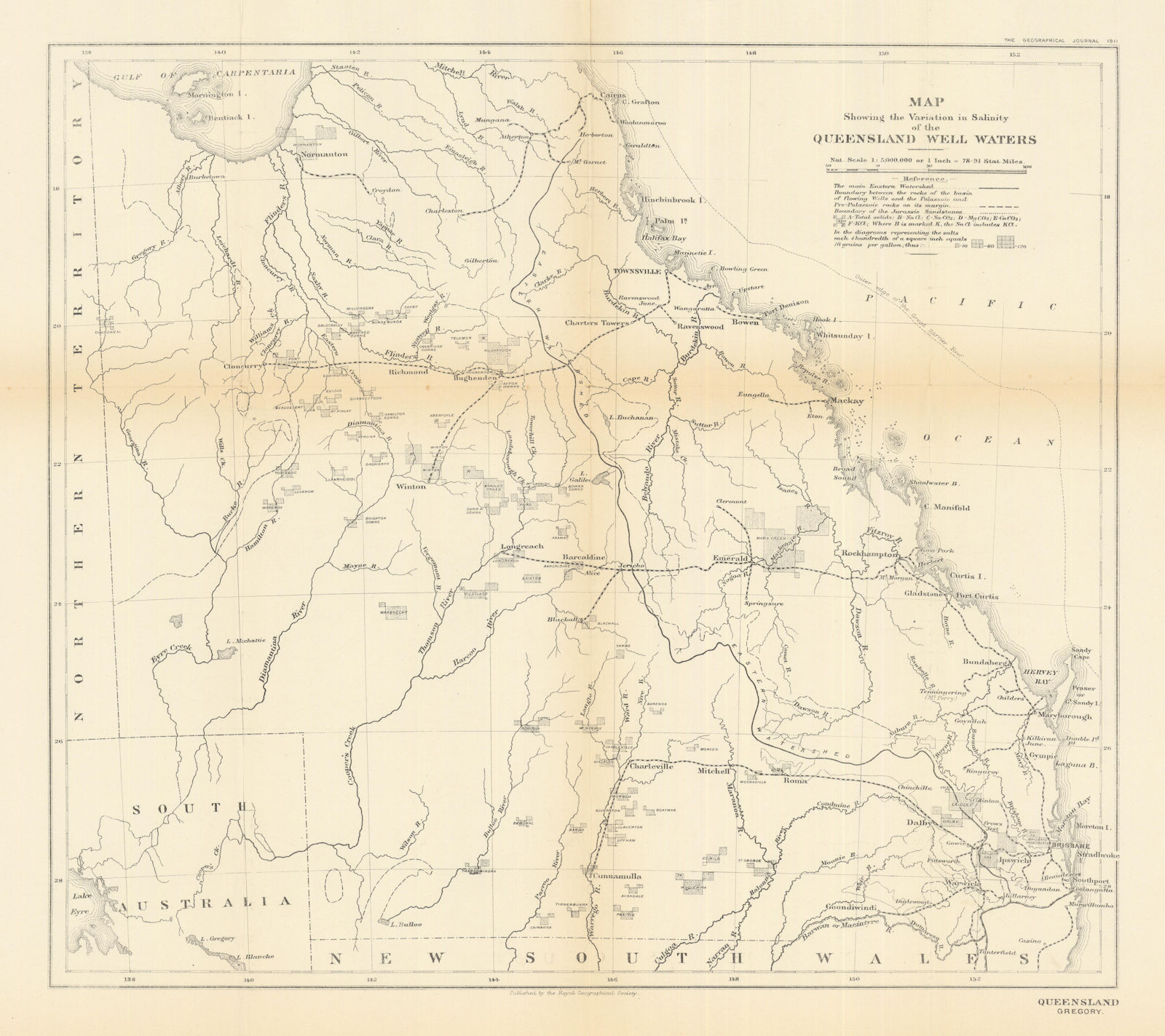 Associate Product Variation in salinity of the Queensland well waters. Australia. RGS 1911 map