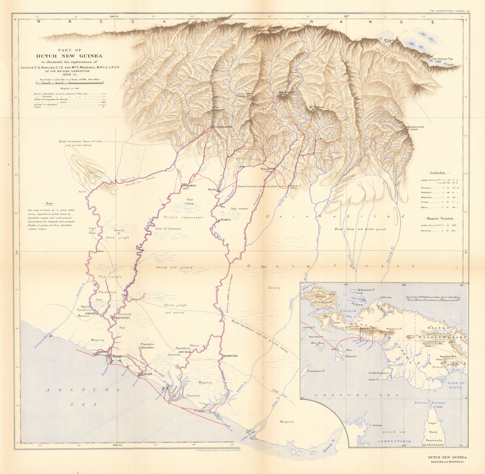 Associate Product New Guinea. Rawling / British ornithologists' union expedition. RGS 1911 map