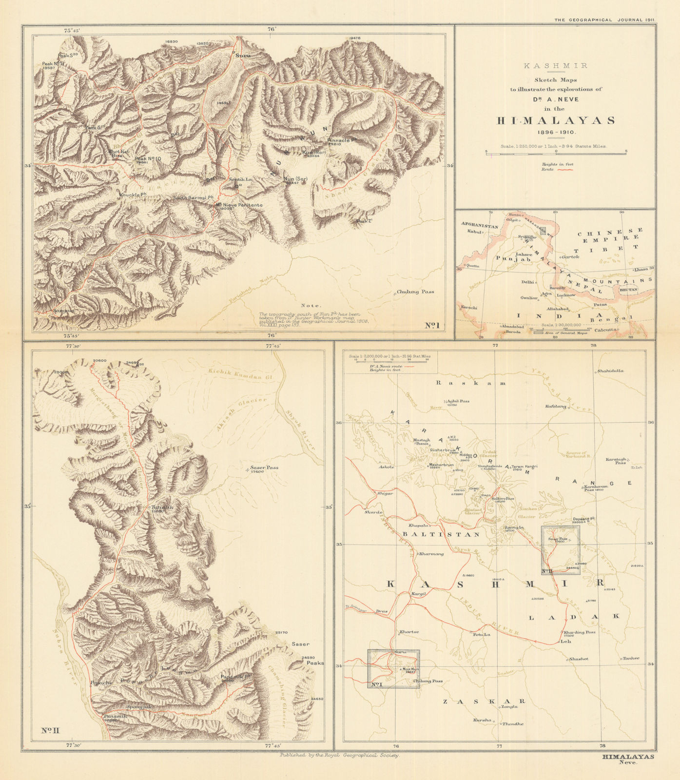 Associate Product Kashmir. The Himalayan explorations of Arthur Neve 1896-1910. RGS 1911 old map