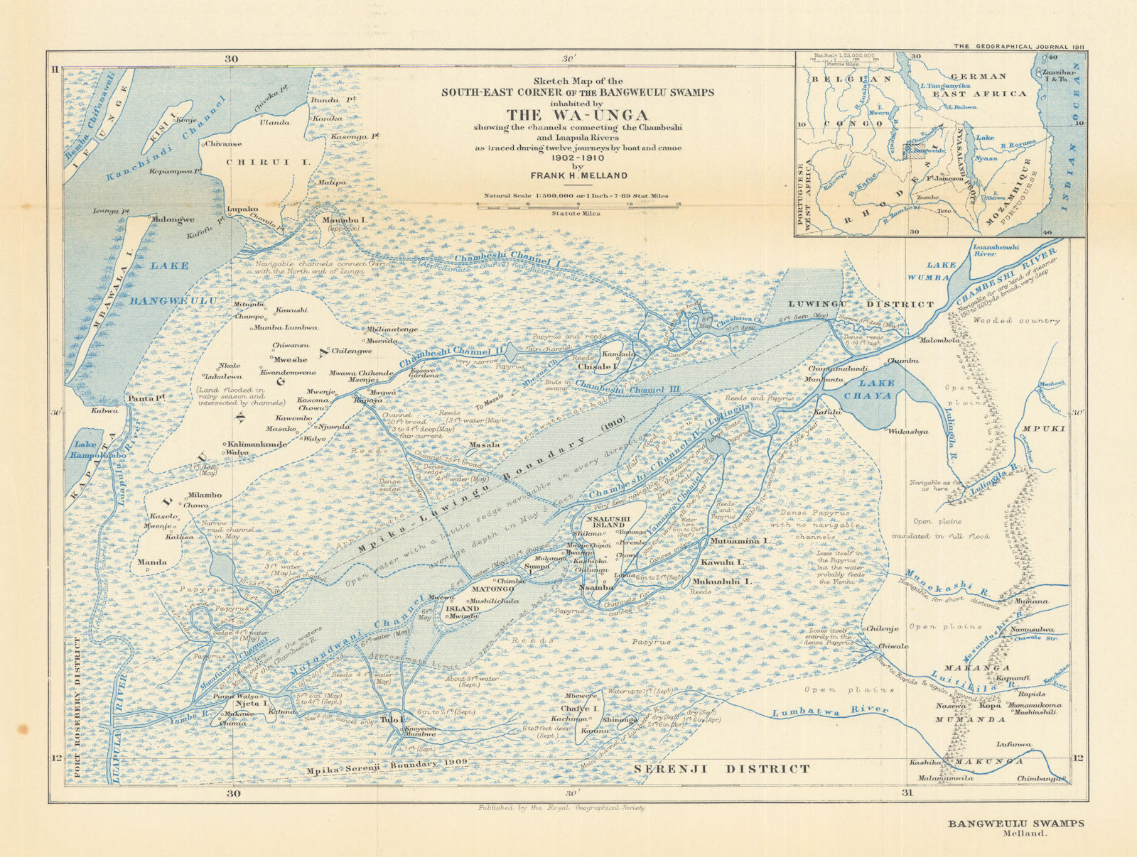 Associate Product Bangweulu Swamps… surveyed 1902-10 by Frank Melland. Zambia. RGS 1911 old map