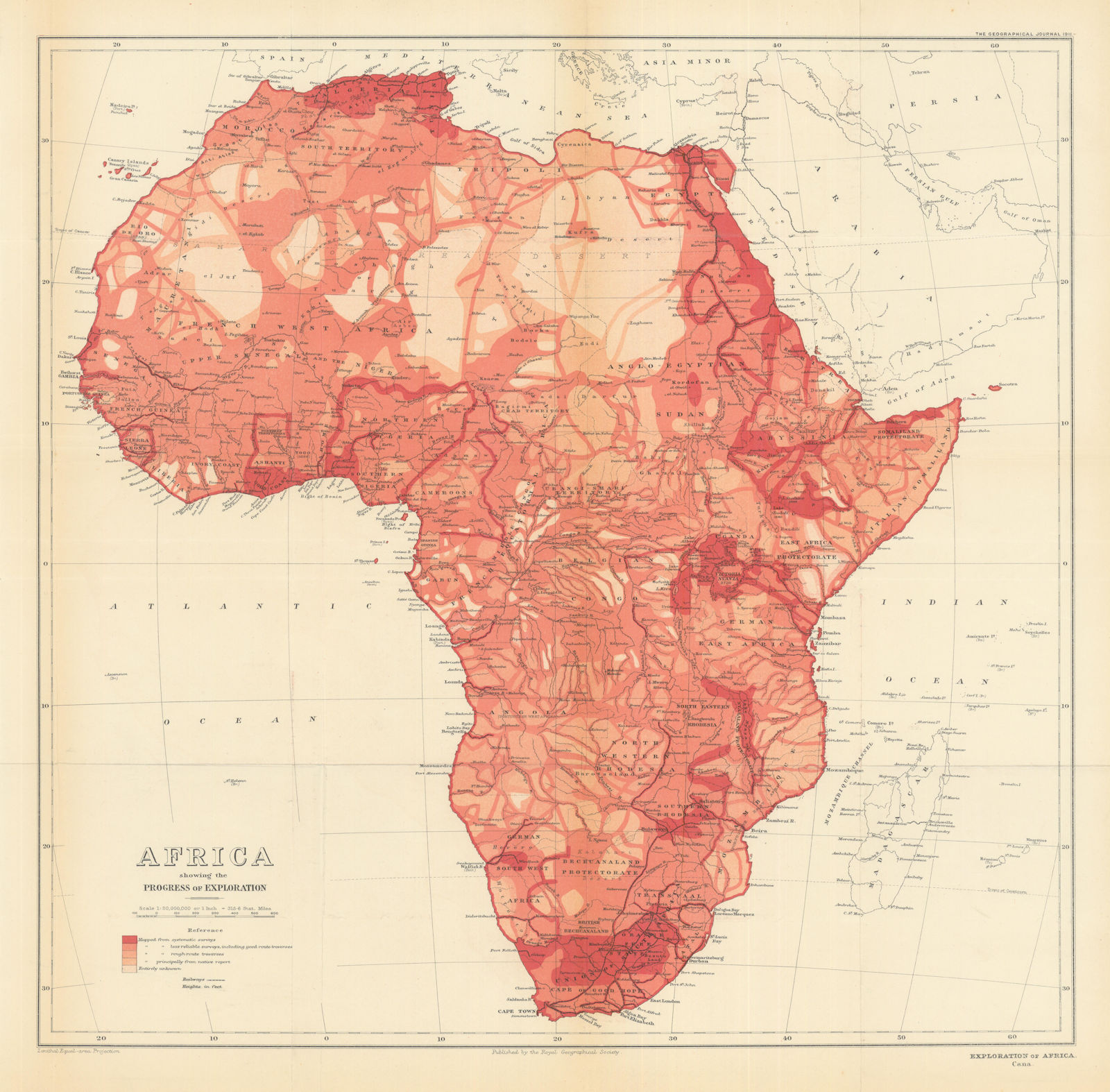 Associate Product Africa, showing the progress of exploration. Royal Geographical Society 1911 map