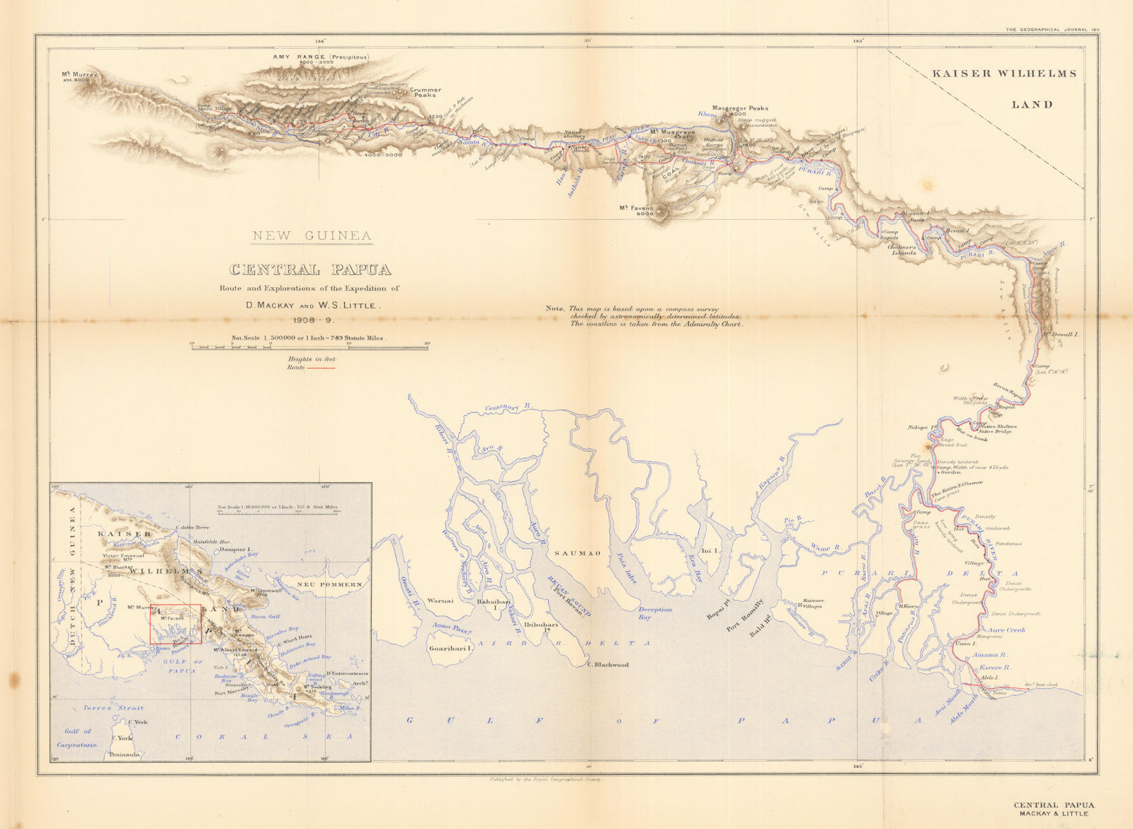 Papua New Guinea. Mackay - Little Purari River expedition 1908-9. RGS 1911 map