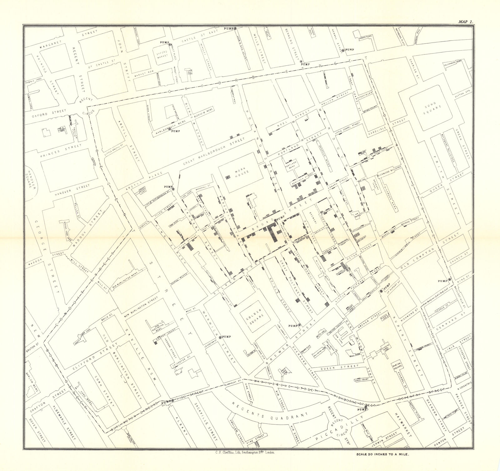 Broad Street Cholera Outbreak, Soho, London by Dr John Snow 1855 (1965) map