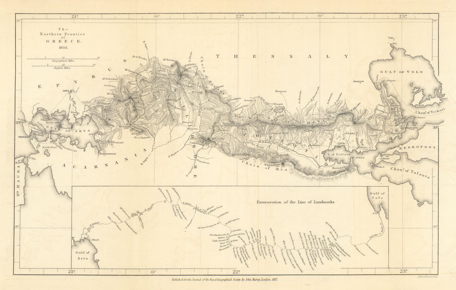 The Northern Frontier of Greece 1834 by Lt-Col Baker. RGS 1837 old antique map